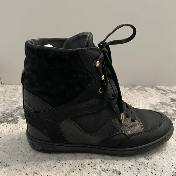 Louis Vuitton Millenium Wedge Sneakers Leather Embossed Suede Black Size 37 - Picture 3 of 15